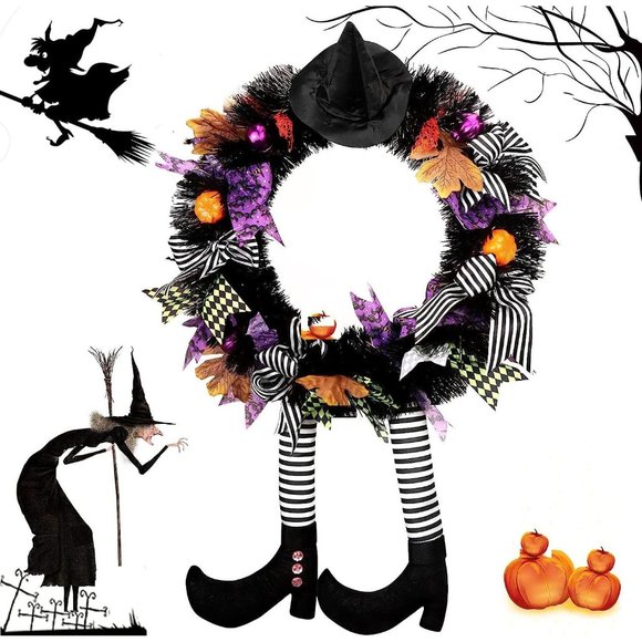 Halloween Witch Wreath Black Wreath with Hat Witches Legs Pumpkin